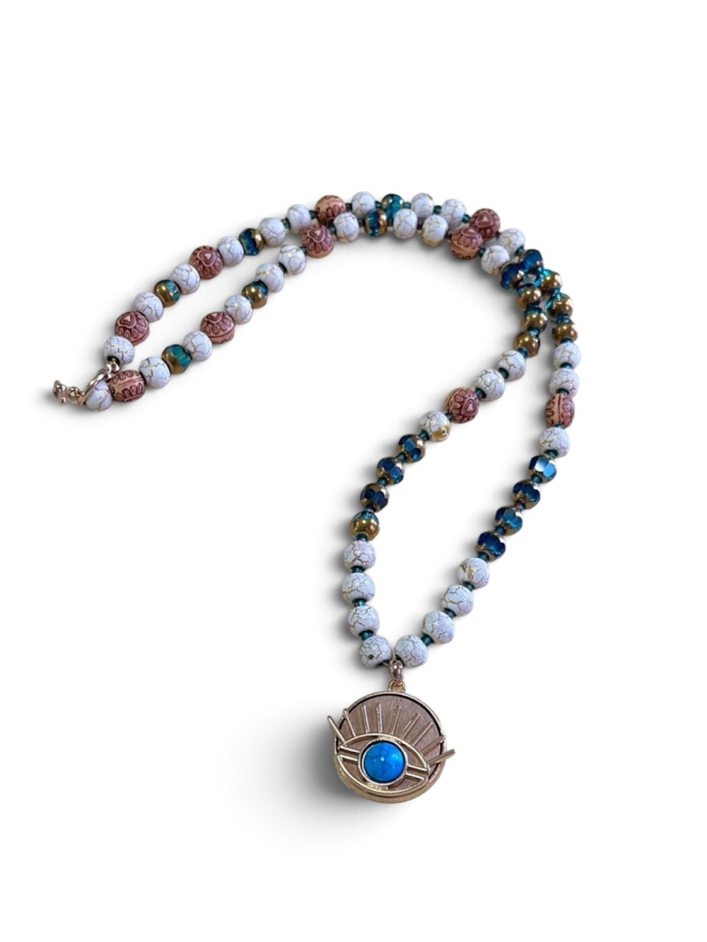 Handcrafted Evil Eye Crackle & Turquoise Glass Beaded Pendant Necklace